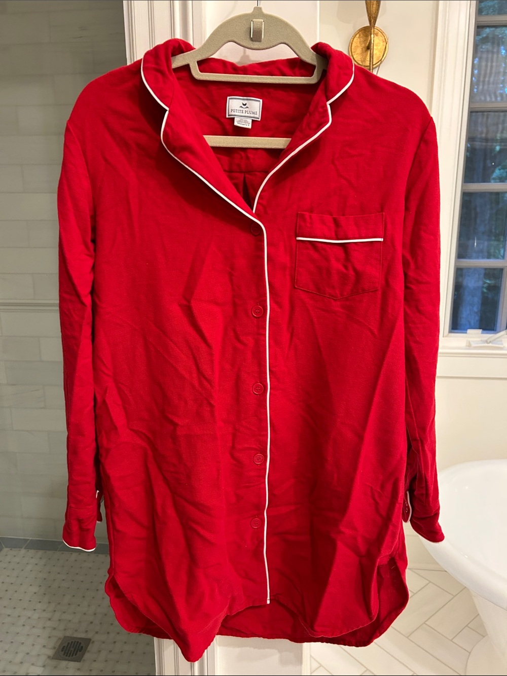 Petite Plume Red Flannel Long-Sleeve Sleep Shirt Nightgown with White Piping
